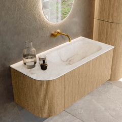 MONDIAZ KURVE-DLUX 105cm badmeubel ronding Links kleur Oak met 1 lade en 1 deur. Wastafel BIG SMALL Rechts zonder kraangat Frappe.