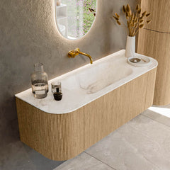 MONDIAZ KURVE-DLUX 130cm badmeubel ronding Links + Rechts kleur Oak met 1 lade en 2 deuren. Wastafel BIG SMALL Midden zonder kraangat Frappe.