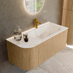 MONDIAZ KURVE-DLUX 105cm badmeubel ronding Links kleur Oak met 1 lade en 1 deur. Wastafel BIG SMALL Rechts 1 kraangat Frappe.