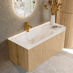 MONDIAZ KURVE-DLUX 105cm badmeubel ronding Rechts kleur Oak met 1 lade en 1 deur. Wastafel BIG SMALL Links 1 kraangat Frappe.