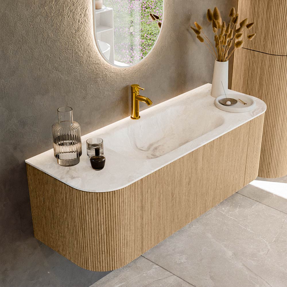 MONDIAZ KURVE-DLUX 130cm badmeubel ronding Links + Rechts kleur Oak met 1 lade en 2 deuren. Wastafel BIG SMALL Midden 1 kraangat Frappe.