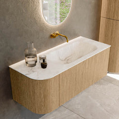 MONDIAZ KURVE-DLUX 115cm badmeubel ronding Links kleur Oak met 1 lade en 1 deur. Wastafel BIG SMALL Rechts zonder kraangat Frappe.