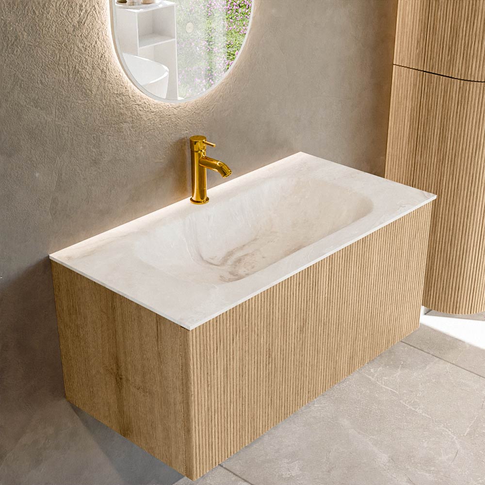 MONDIAZ KURVE-DLUX 90cm badmeubel kleur Oak met 1 lade en 0 deuren. Wastafel BIG SMALL Midden 1 kraangat Frappe.