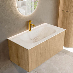 MONDIAZ KURVE-DLUX 90cm badmeubel kleur Oak met 1 lade en 0 deuren. Wastafel BIG SMALL Midden 1 kraangat Frappe.