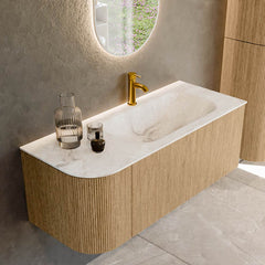 MONDIAZ KURVE-DLUX 115cm badmeubel ronding Links kleur Oak met 1 lade en 1 deur. Wastafel BIG SMALL Rechts 1 kraangat Frappe.