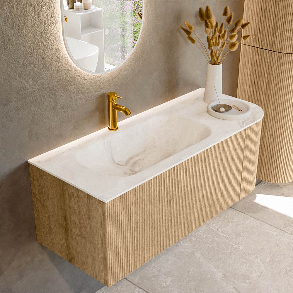 MONDIAZ KURVE-DLUX 115cm badmeubel ronding Rechts kleur Oak met 1 lade en 1 deur. Wastafel BIG SMALL Links 1 kraangat Frappe.