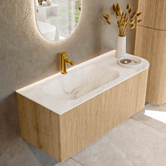 MONDIAZ KURVE-DLUX 115cm badmeubel ronding Rechts kleur Oak met 1 lade en 1 deur. Wastafel BIG SMALL Links 1 kraangat Frappe.