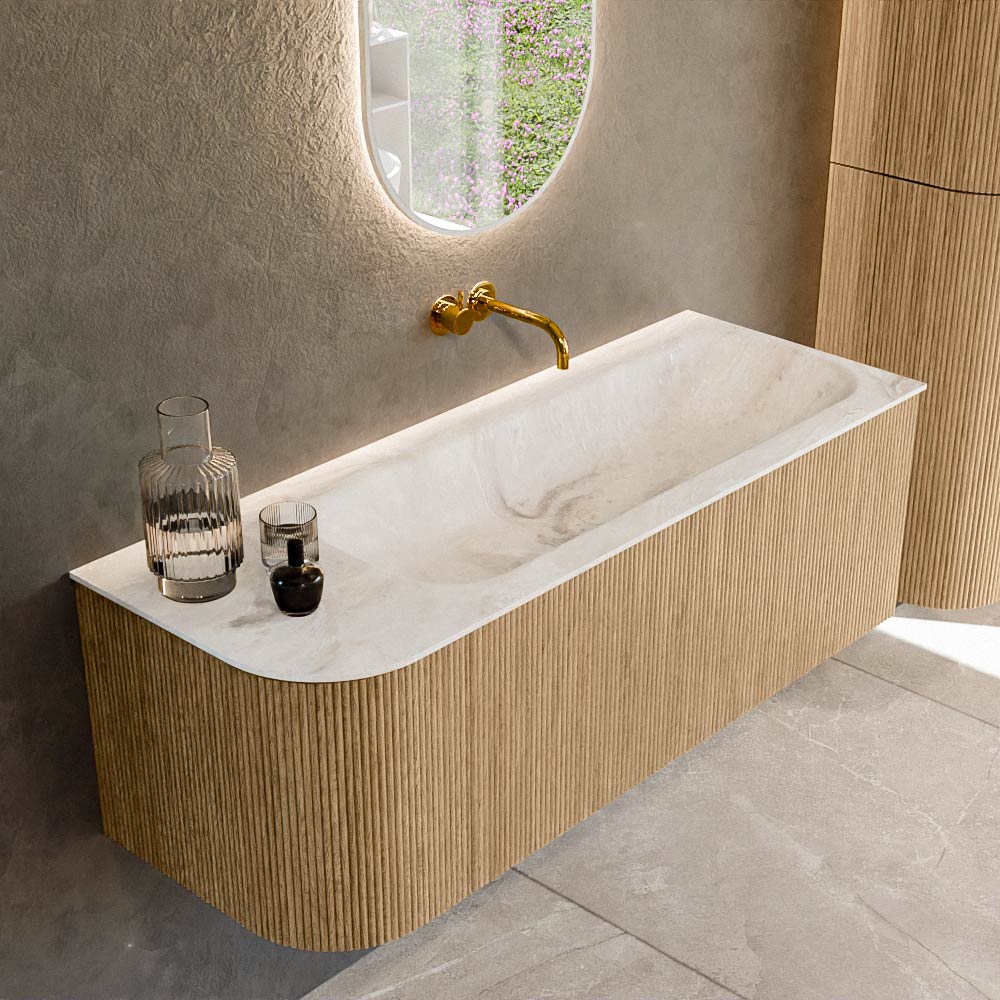 MONDIAZ KURVE-DLUX 125cm badmeubel ronding Links kleur Oak met 1 lade en 1 deur. Wastafel BIG MEDIUM Rechts zonder kraangat Frappe.
