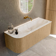 MONDIAZ KURVE-DLUX 125cm badmeubel ronding Links kleur Oak met 1 lade en 1 deur. Wastafel BIG MEDIUM Rechts zonder kraangat Frappe.