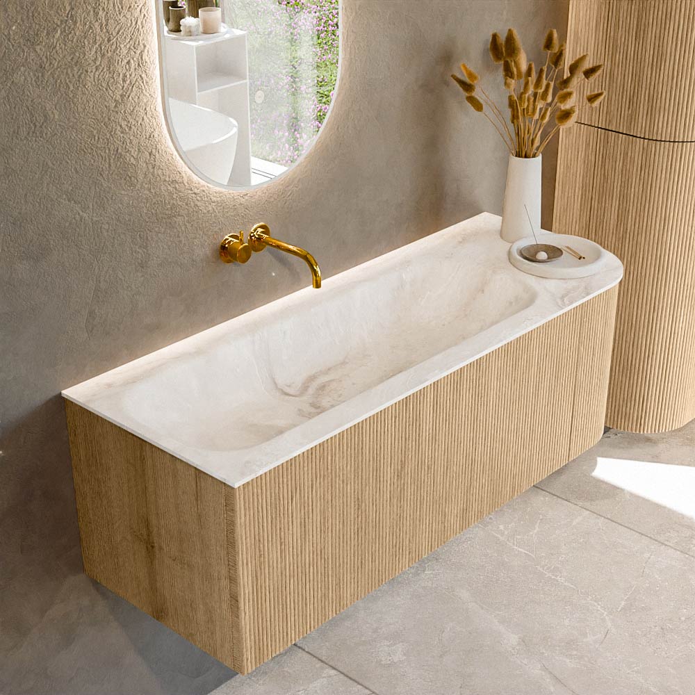 MONDIAZ KURVE-DLUX 125cm badmeubel ronding Rechts kleur Oak met 1 lade en 1 deur. Wastafel BIG MEDIUM Links zonder kraangat Frappe.