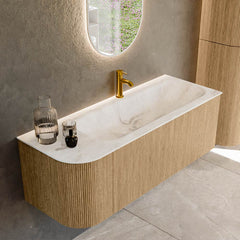 MONDIAZ KURVE-DLUX 125cm badmeubel ronding Links kleur Oak met 1 lade en 1 deur. Wastafel BIG MEDIUM Rechts 1 kraangat Frappe.