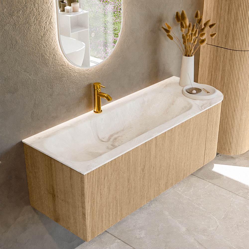 MONDIAZ KURVE-DLUX 125cm badmeubel ronding Rechts kleur Oak met 1 lade en 1 deur. Wastafel BIG MEDIUM Links 1 kraangat Frappe.