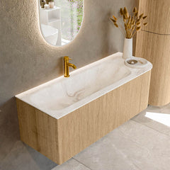 MONDIAZ KURVE-DLUX 125cm badmeubel ronding Rechts kleur Oak met 1 lade en 1 deur. Wastafel BIG MEDIUM Links 1 kraangat Frappe.
