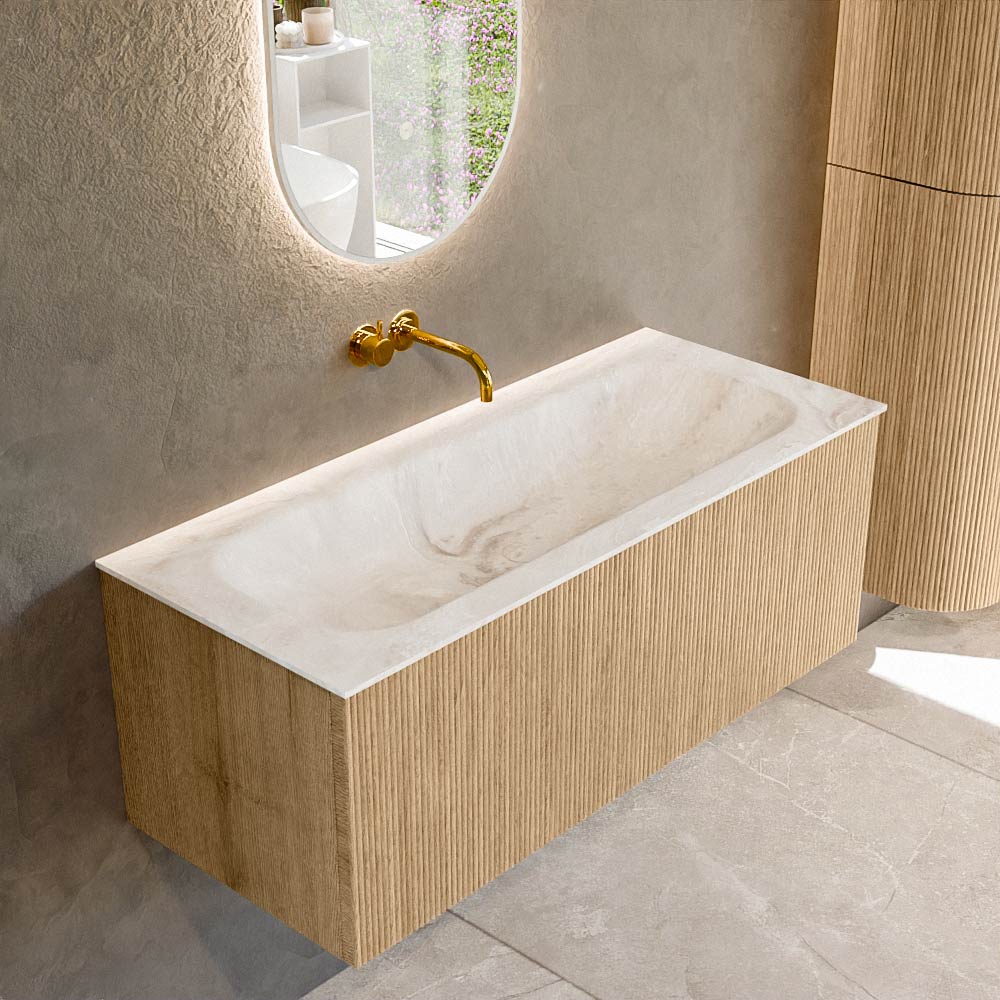 MONDIAZ KURVE-DLUX 110cm badmeubel kleur Oak met 1 lade en 0 deuren. Wastafel BIG MEDIUM Midden zonder kraangat Frappe.