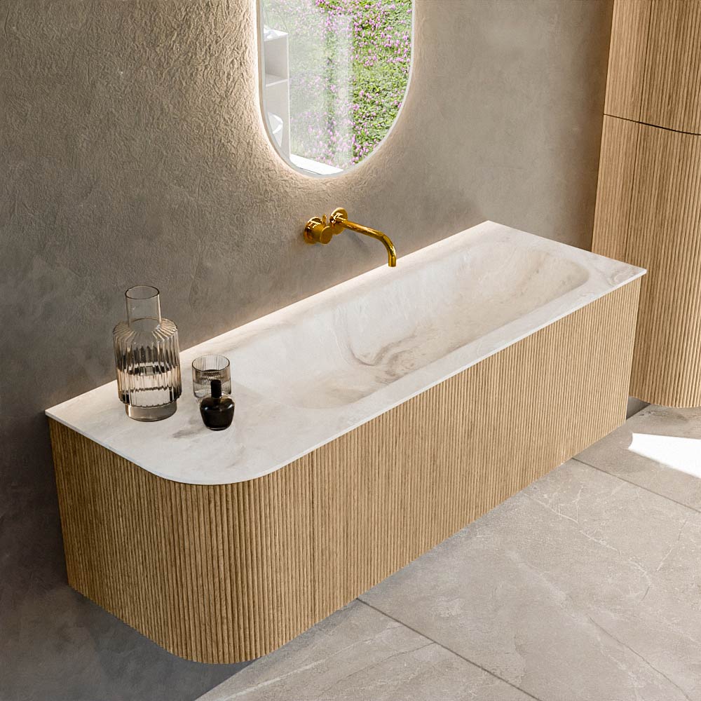 MONDIAZ KURVE-DLUX 135cm badmeubel ronding Links kleur Oak met 1 lade en 1 deur. Wastafel BIG MEDIUM Rechts zonder kraangat Frappe.