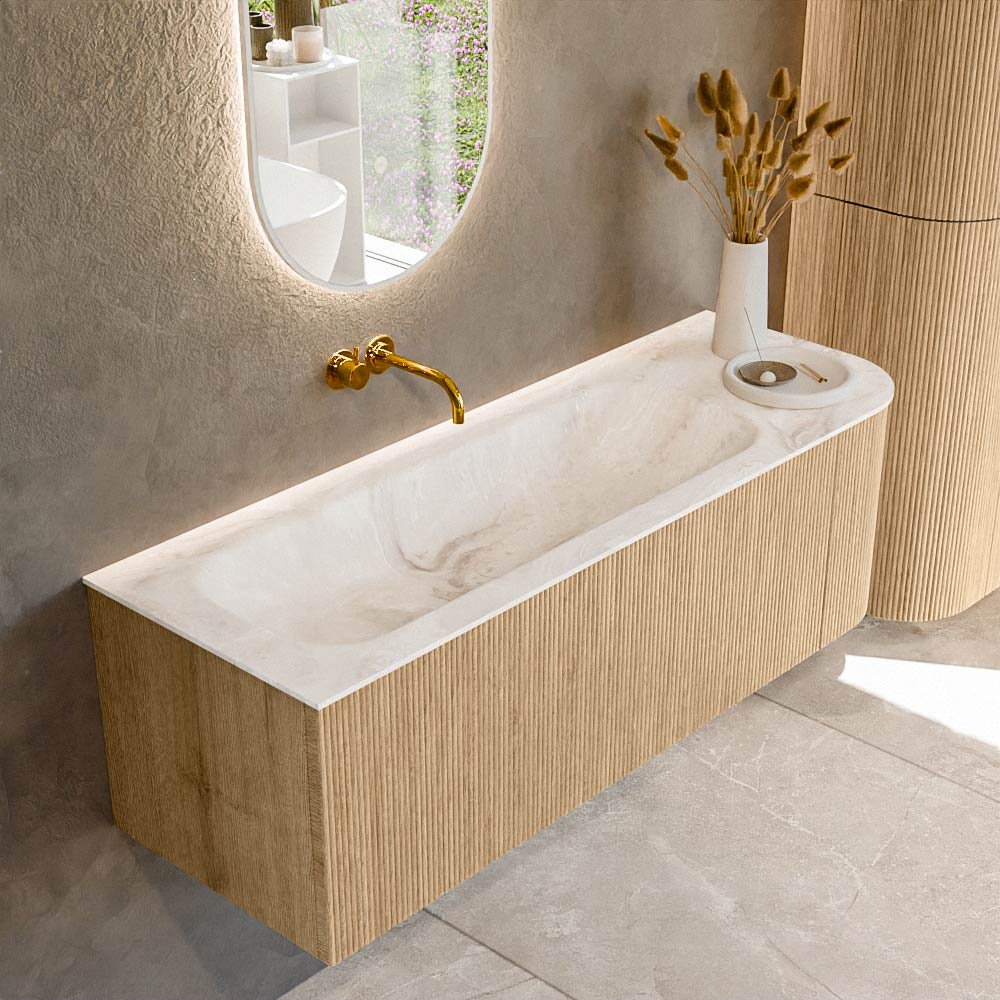 MONDIAZ KURVE-DLUX 135cm badmeubel ronding Rechts kleur Oak met 1 lade en 1 deur. Wastafel BIG MEDIUM Links zonder kraangat Frappe.