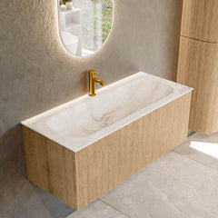 MONDIAZ KURVE-DLUX 110cm badmeubel kleur Oak met 1 lade en 0 deuren. Wastafel BIG MEDIUM Midden 1 kraangat Frappe.