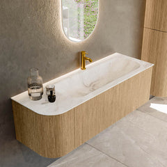 MONDIAZ KURVE-DLUX 135cm badmeubel ronding Links kleur Oak met 1 lade en 1 deur. Wastafel BIG MEDIUM Rechts 1 kraangat Frappe.