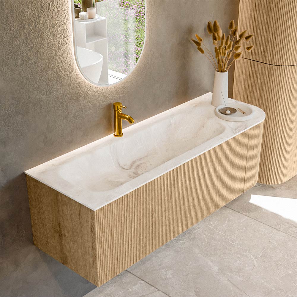 MONDIAZ KURVE-DLUX 135cm badmeubel ronding Rechts kleur Oak met 1 lade en 1 deur. Wastafel BIG MEDIUM Links 1 kraangat Frappe.
