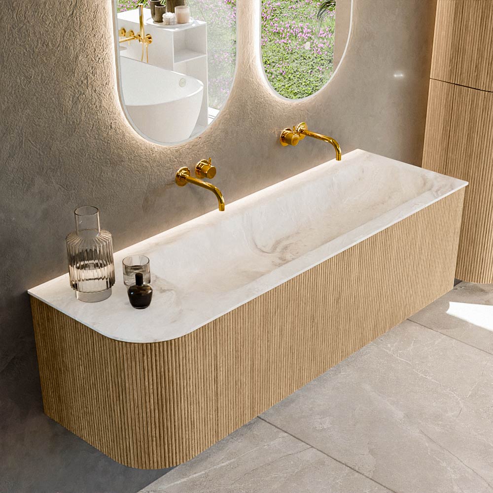 MONDIAZ KURVE-DLUX 145cm badmeubel ronding Links kleur Oak met 1 lade en 1 deur. Wastafel BIG LARGE Rechts zonder kraangat Frappe.