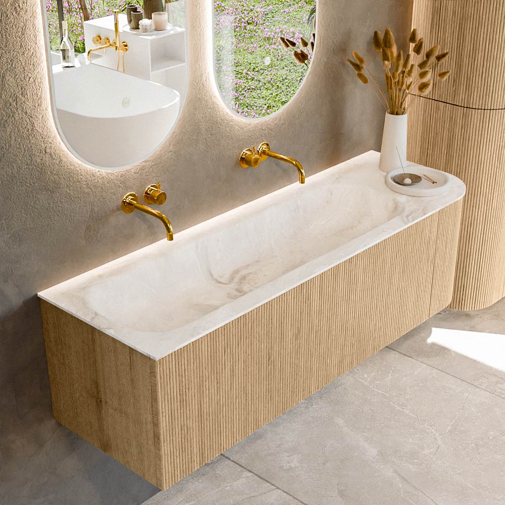 MONDIAZ KURVE-DLUX 145cm badmeubel ronding Rechts kleur Oak met 1 lade en 1 deur. Wastafel BIG LARGE Links zonder kraangat Frappe.