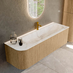 MONDIAZ KURVE-DLUX 145cm badmeubel ronding Links kleur Oak met 1 lade en 1 deur. Wastafel BIG LARGE Rechts 1 kraangat Frappe.