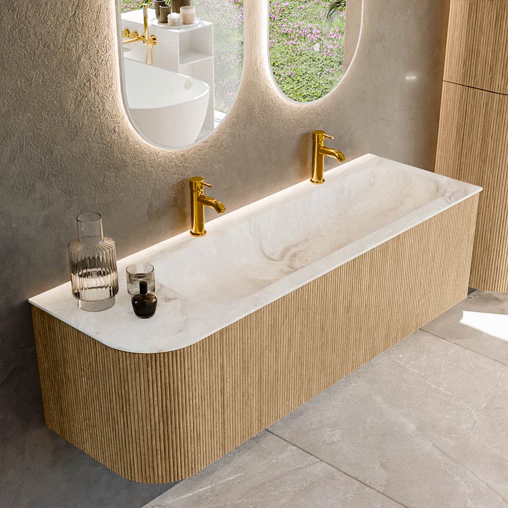 MONDIAZ KURVE-DLUX 145cm badmeubel ronding Links kleur Oak met 1 lade en 1 deur. Wastafel BIG LARGE Rechts 2 kraangaten Frappe.
