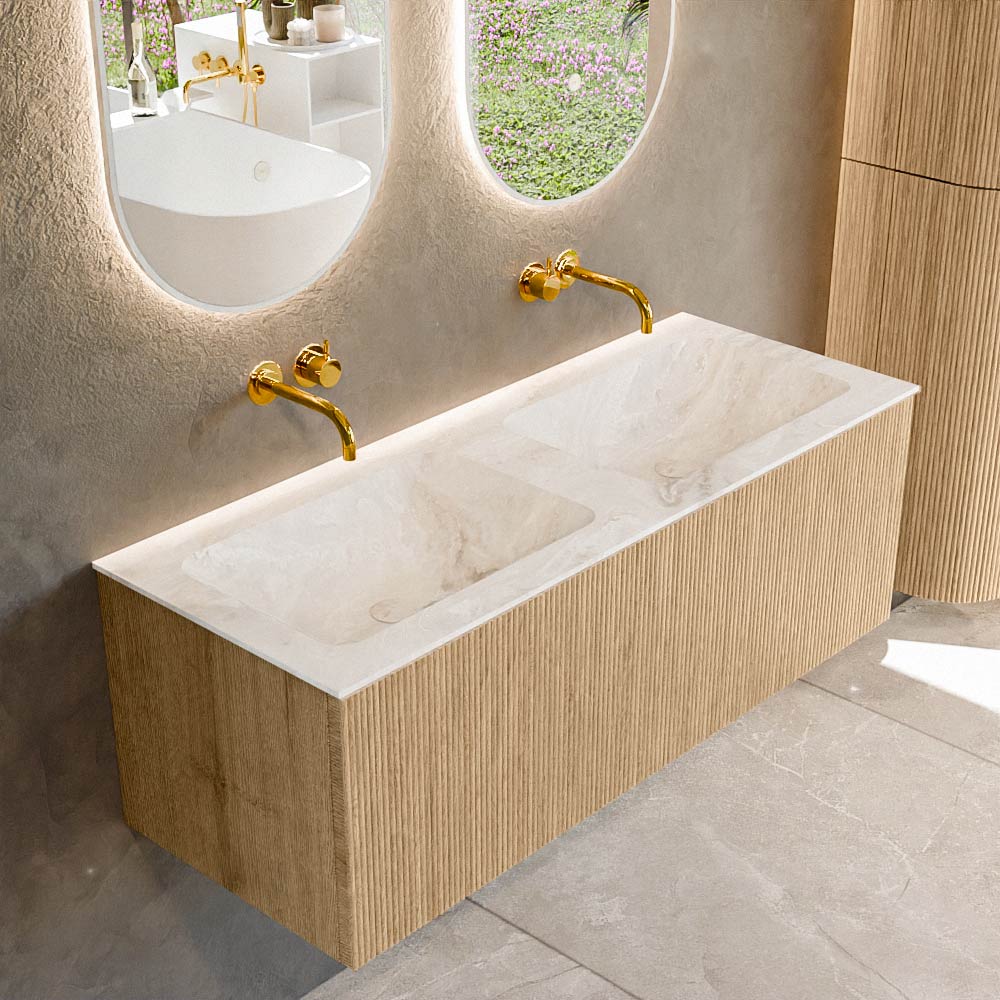 MONDIAZ KURVE-DLUX 120cm badmeubel kleur Oak met 1 lade en 0 deuren. Wastafel LEAF Dubbel zonder kraangat Frappe.