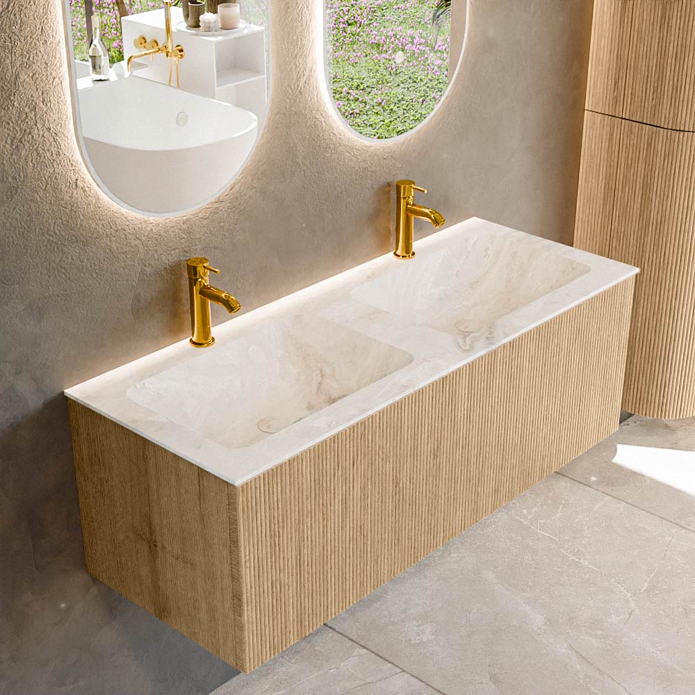MONDIAZ KURVE-DLUX 120cm badmeubel kleur Oak met 1 lade en 0 deuren. Wastafel LEAF Dubbel 2 kraangaten Frappe.