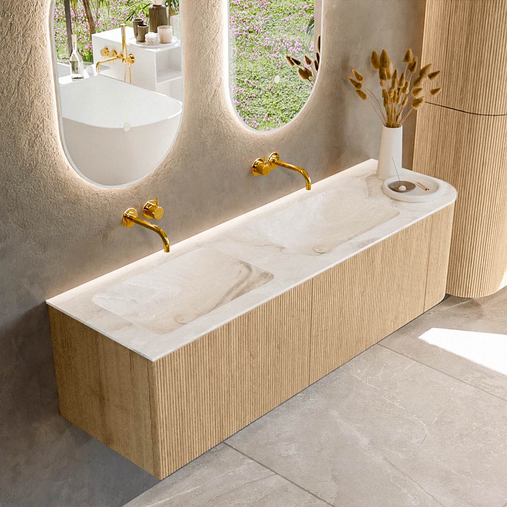 MONDIAZ KURVE-DLUX 155cm badmeubel ronding Rechts kleur Oak met 2 lades en 1 deur. Wastafel LEAF Dubbel / Links zonder kraangat Frappe.