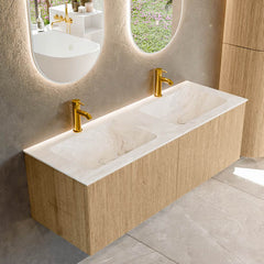 MONDIAZ KURVE-DLUX 130cm badmeubel kleur Oak met 2 lades en 0 deuren. Wastafel LEAF Dubbel 2 kraangaten Frappe.