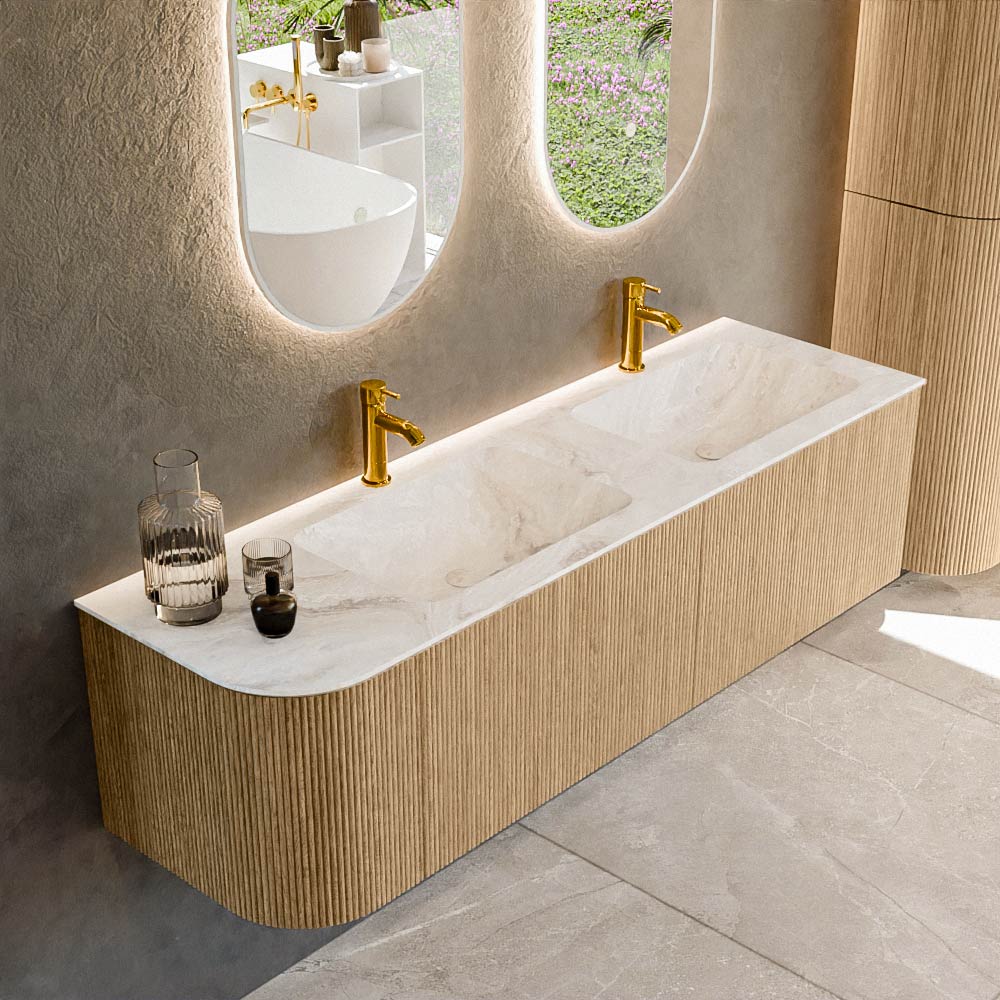 MONDIAZ KURVE-DLUX 155cm badmeubel ronding Links kleur Oak met 2 lades en 1 deur. Wastafel LEAF Dubbel / Rechts 2 kraangaten Frappe.