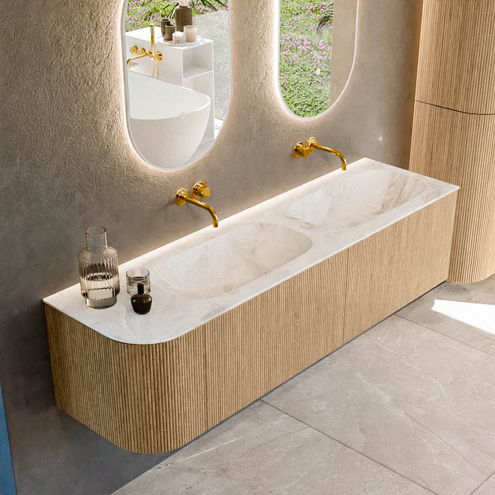 MONDIAZ KURVE-DLUX 165cm badmeubel ronding Links kleur Oak met 2 lades en 1 deur. Wastafel STOR SMALL Dubbel / Rechts zonder kraangat Frappe.