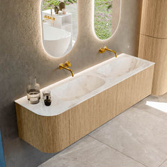 MONDIAZ KURVE-DLUX 165cm badmeubel ronding Links kleur Oak met 2 lades en 1 deur. Wastafel STOR SMALL Dubbel / Rechts zonder kraangat Frappe.