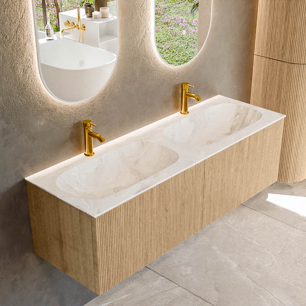 MONDIAZ KURVE-DLUX 140cm badmeubel kleur Oak met 2 lades en 0 deuren. Wastafel STOR SMALL Dubbel 2 kraangaten Frappe.