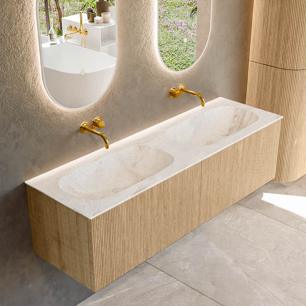 MONDIAZ KURVE-DLUX 150cm badmeubel kleur Oak met 2 lades en 0 deuren. Wastafel STOR SMALL Dubbel zonder kraangat Frappe.