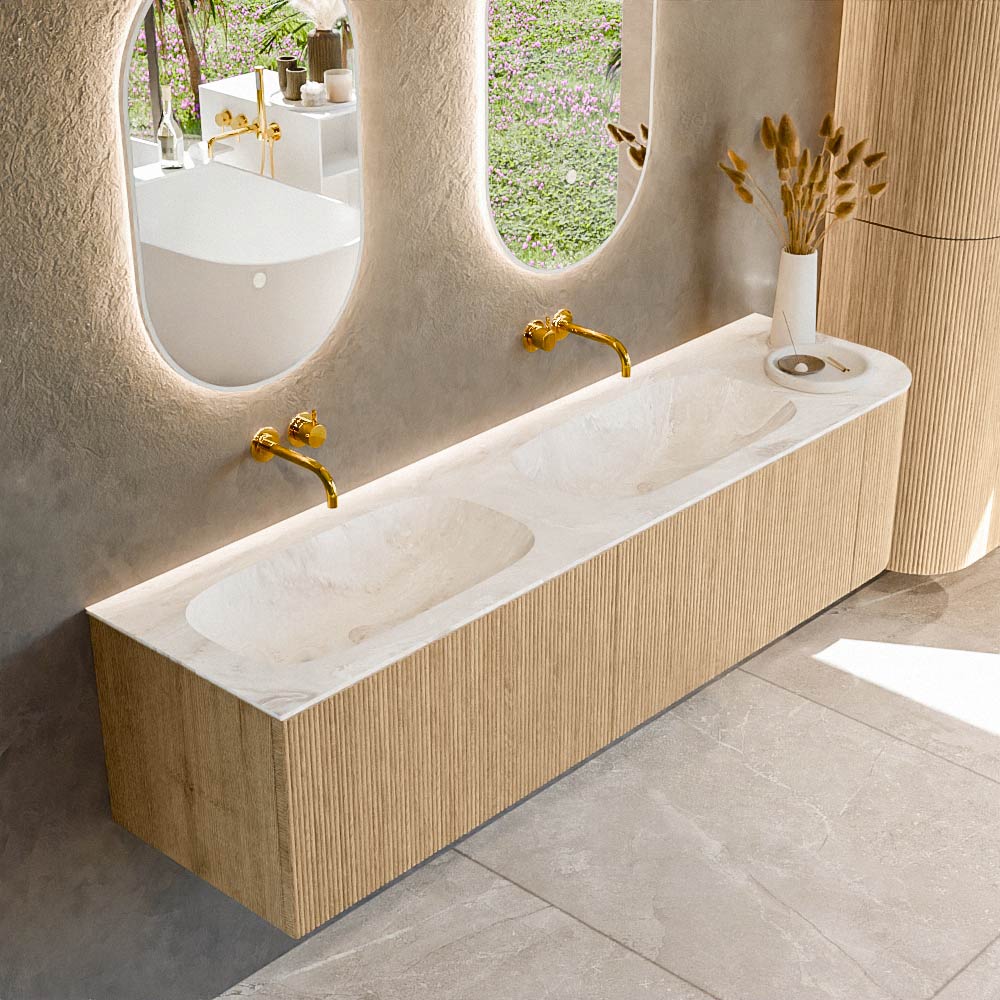 MONDIAZ KURVE-DLUX 175cm badmeubel ronding Rechts kleur Oak met 2 lades en 1 deur. Wastafel STOR SMALL Dubbel / Links zonder kraangat Frappe.