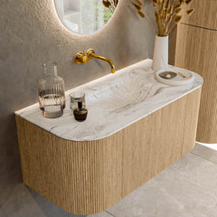 MONDIAZ KURVE-DLUX 100cm badmeubel ronding Links + Rechts kleur Oak met 1 lade en 2 deuren. Wastafel GRUNNE Midden zonder kraangat Glace.