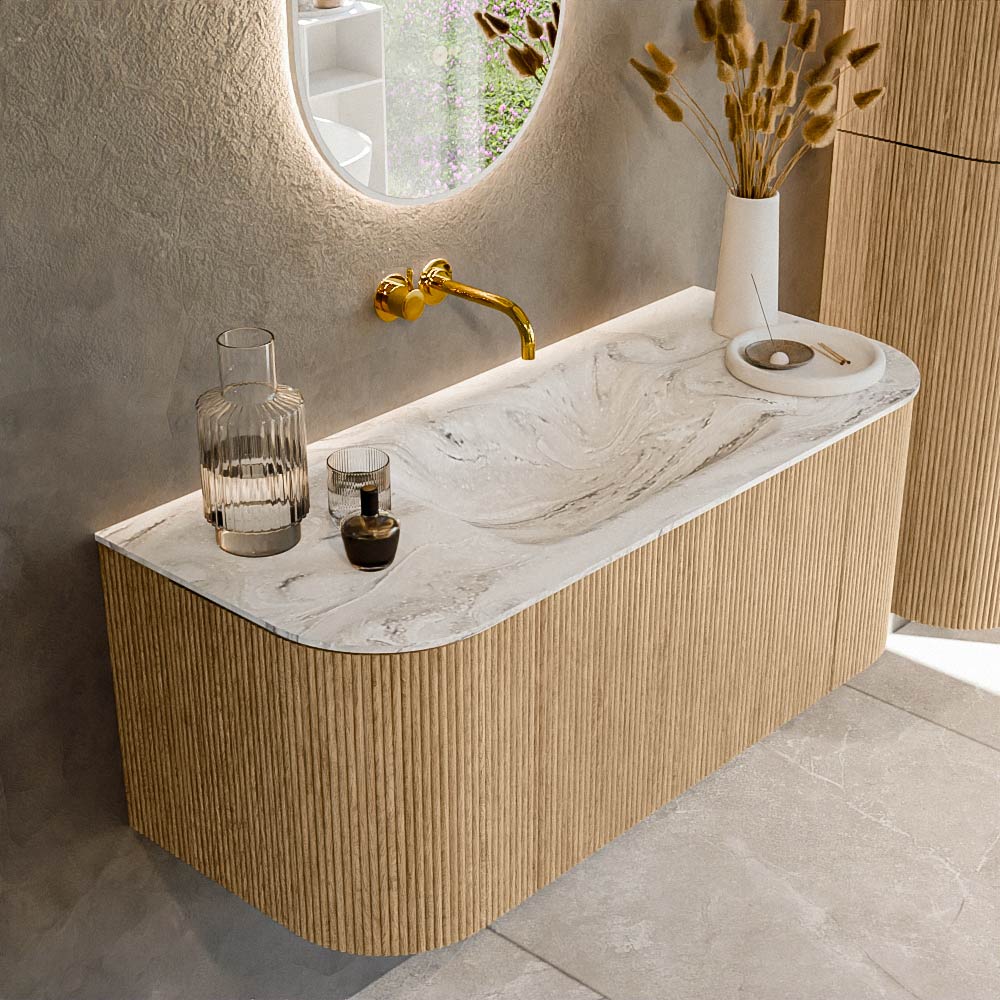 MONDIAZ KURVE-DLUX 110cm badmeubel ronding Links + Rechts kleur Oak met 1 lade en 2 deuren. Wastafel CLOUD Midden zonder kraangat Glace.