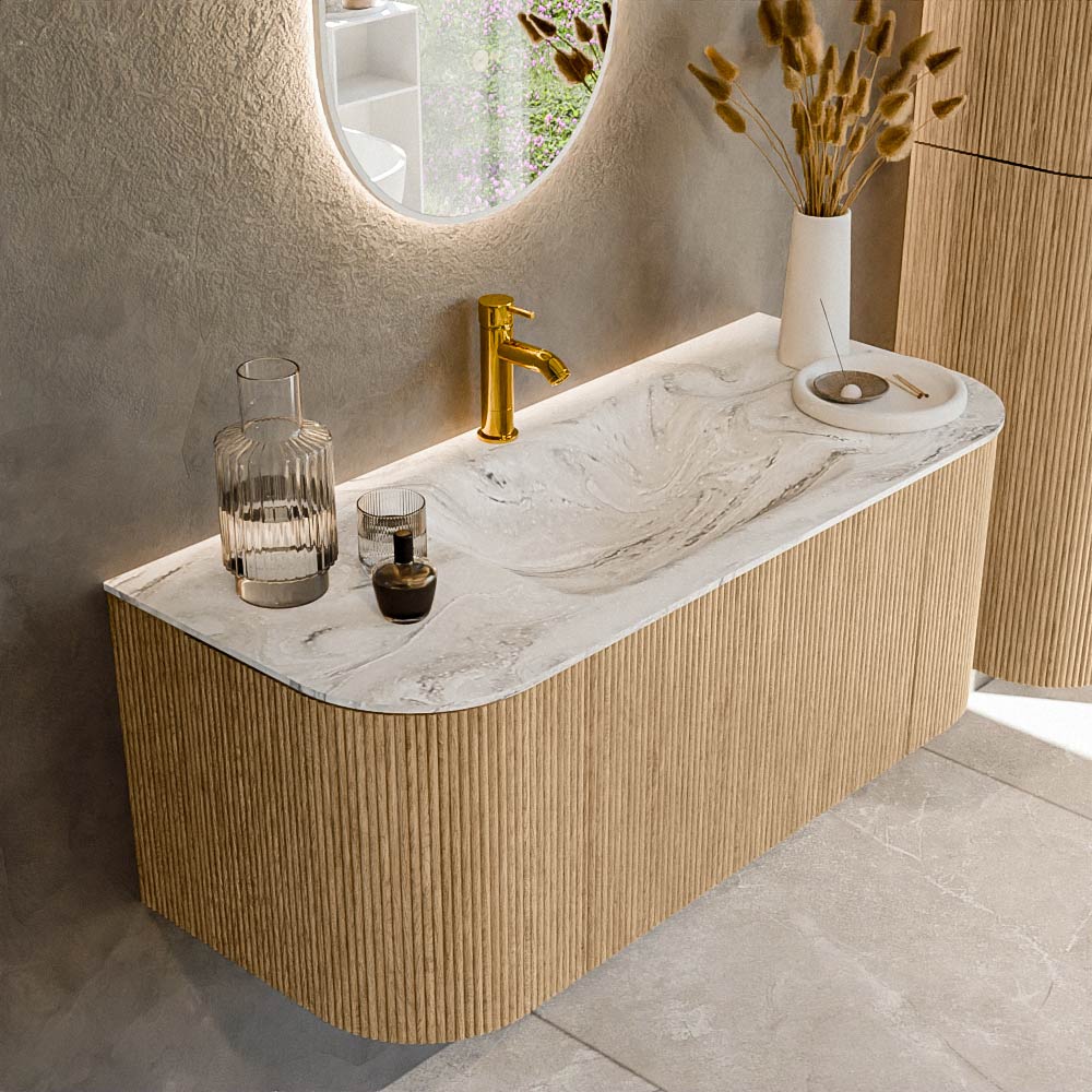 MONDIAZ KURVE-DLUX 110cm badmeubel ronding Links + Rechts kleur Oak met 1 lade en 2 deuren. Wastafel CLOUD Midden 1 kraangat Glace.