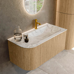 MONDIAZ KURVE-DLUX 95cm badmeubel ronding Links kleur Oak met 1 lade en 1 deur. Wastafel BIG SMALL Rechts 1 kraangat Glace.