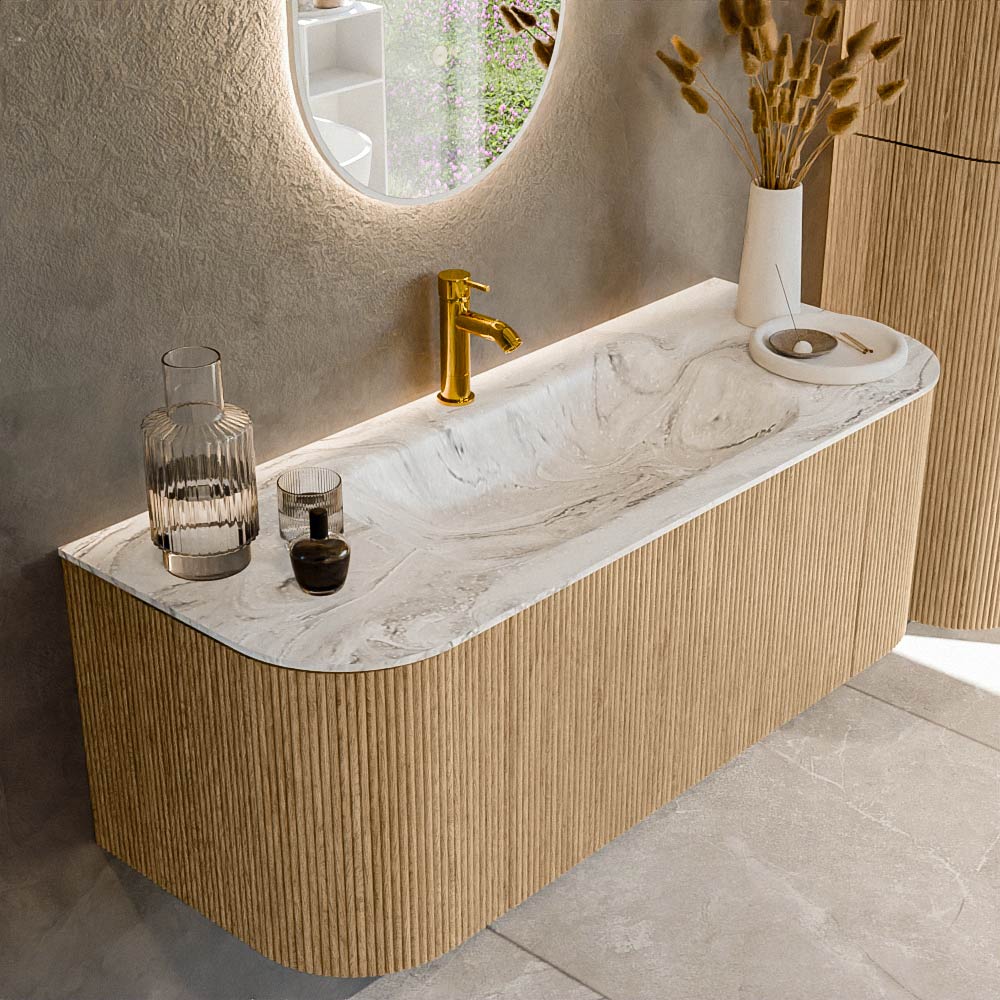 MONDIAZ KURVE-DLUX 120cm badmeubel ronding Links + Rechts kleur Oak met 1 lade en 2 deuren. Wastafel BIG SMALL Midden 1 kraangat Glace.