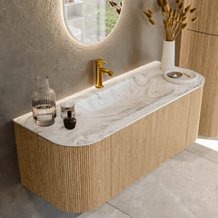 MONDIAZ KURVE-DLUX 120cm badmeubel ronding Links + Rechts kleur Oak met 1 lade en 2 deuren. Wastafel BIG SMALL Midden 1 kraangat Glace.