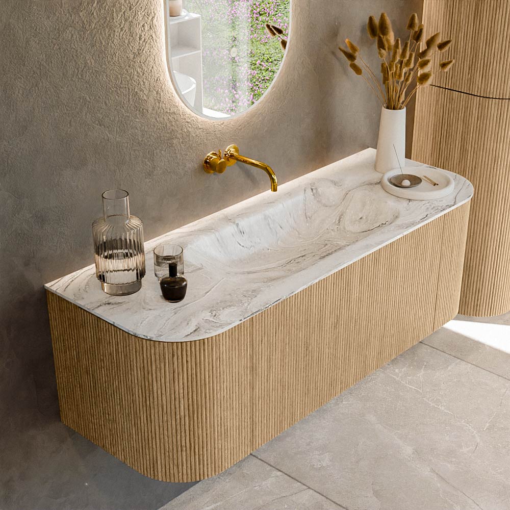 MONDIAZ KURVE-DLUX 130cm badmeubel ronding Links + Rechts kleur Oak met 1 lade en 2 deuren. Wastafel BIG SMALL Midden zonder kraangat Glace.