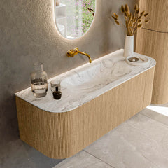 MONDIAZ KURVE-DLUX 130cm badmeubel ronding Links + Rechts kleur Oak met 1 lade en 2 deuren. Wastafel BIG SMALL Midden zonder kraangat Glace.