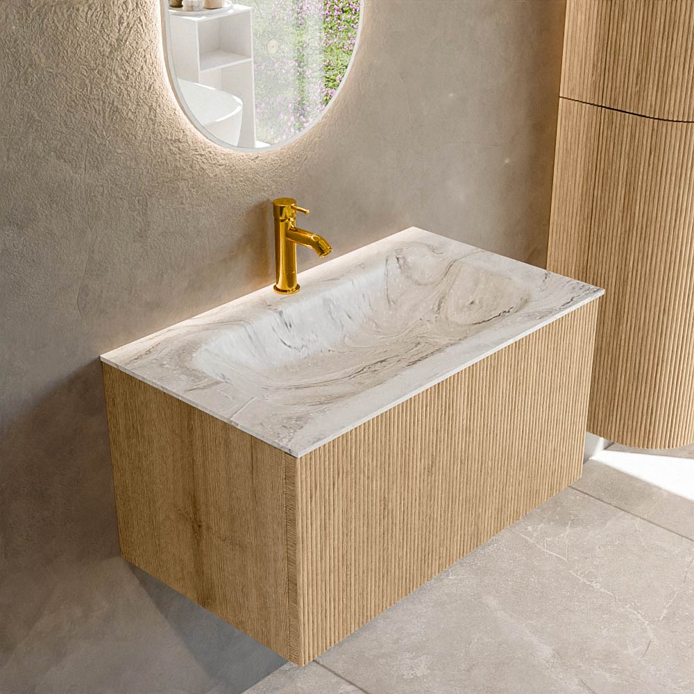 MONDIAZ KURVE-DLUX 80cm badmeubel kleur Oak met 1 lade en 0 deuren. Wastafel BIG SMALL Midden 1 kraangat Glace.