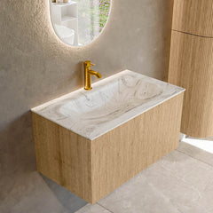 MONDIAZ KURVE-DLUX 80cm badmeubel kleur Oak met 1 lade en 0 deuren. Wastafel BIG SMALL Midden 1 kraangat Glace.