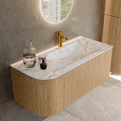 MONDIAZ KURVE-DLUX 105cm badmeubel ronding Links kleur Oak met 1 lade en 1 deur. Wastafel BIG SMALL Rechts 1 kraangat Glace.