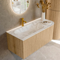 MONDIAZ KURVE-DLUX 105cm badmeubel ronding Rechts kleur Oak met 1 lade en 1 deur. Wastafel BIG SMALL Links 1 kraangat Glace.