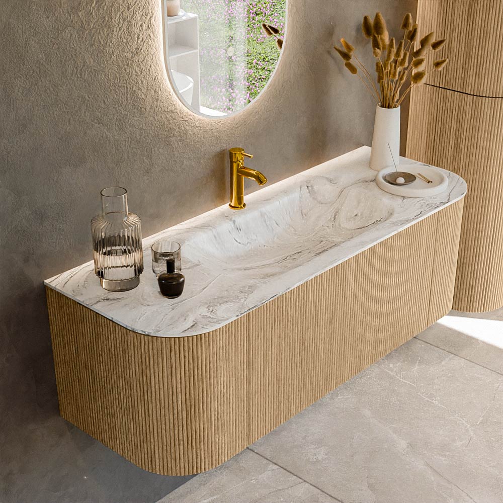 MONDIAZ KURVE-DLUX 130cm badmeubel ronding Links + Rechts kleur Oak met 1 lade en 2 deuren. Wastafel BIG SMALL Midden 1 kraangat Glace.